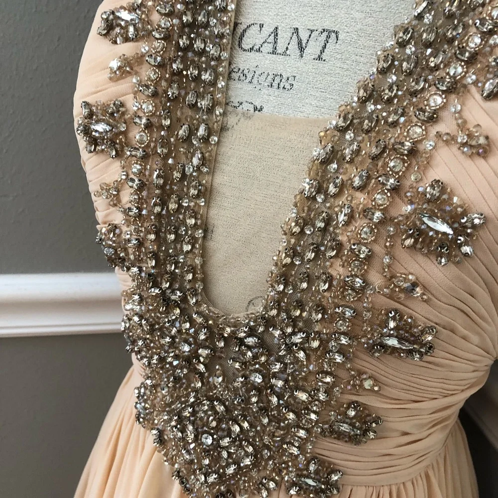 NEW COLORS SZ 12 NUDE JEWELED CHIFFON HALTER FORMAL EVENING GOWN